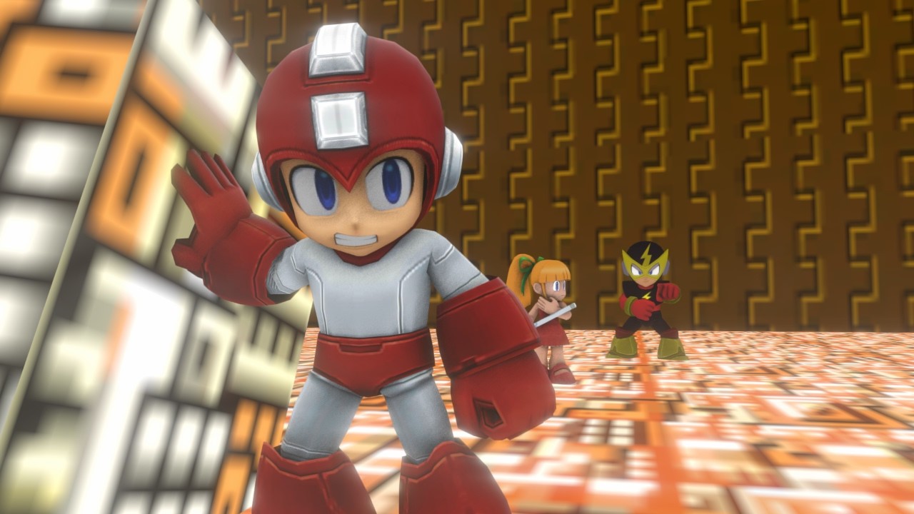 MegaMan throws a block at ElecMan