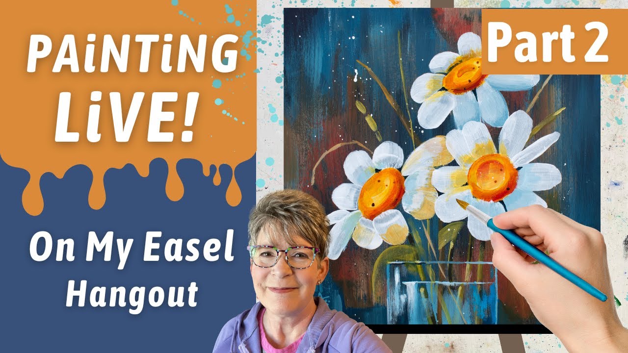 Easy Daisies in a Simple Glass acrylic painting, Primary Colors, in studio with Annie Troe