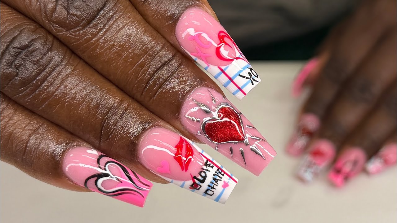 [Part 2: Design] PINK VALENTINES DAY NAILS💖💋/TRENDING NAIL ART/ACRYLIC NAILS Tutorial REAL TIME  