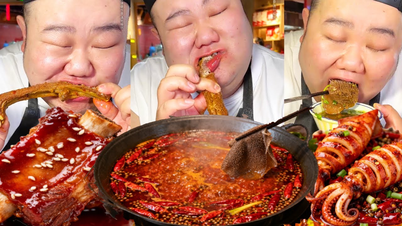 【大胃王挑戰】挑戰吃爆辣重慶火鍋！辣排骨一口軟糯脫骨，毛肚裹滿麻醬吃得滿嘴流油｜Noodle Food Challenge【櫻木花胖】