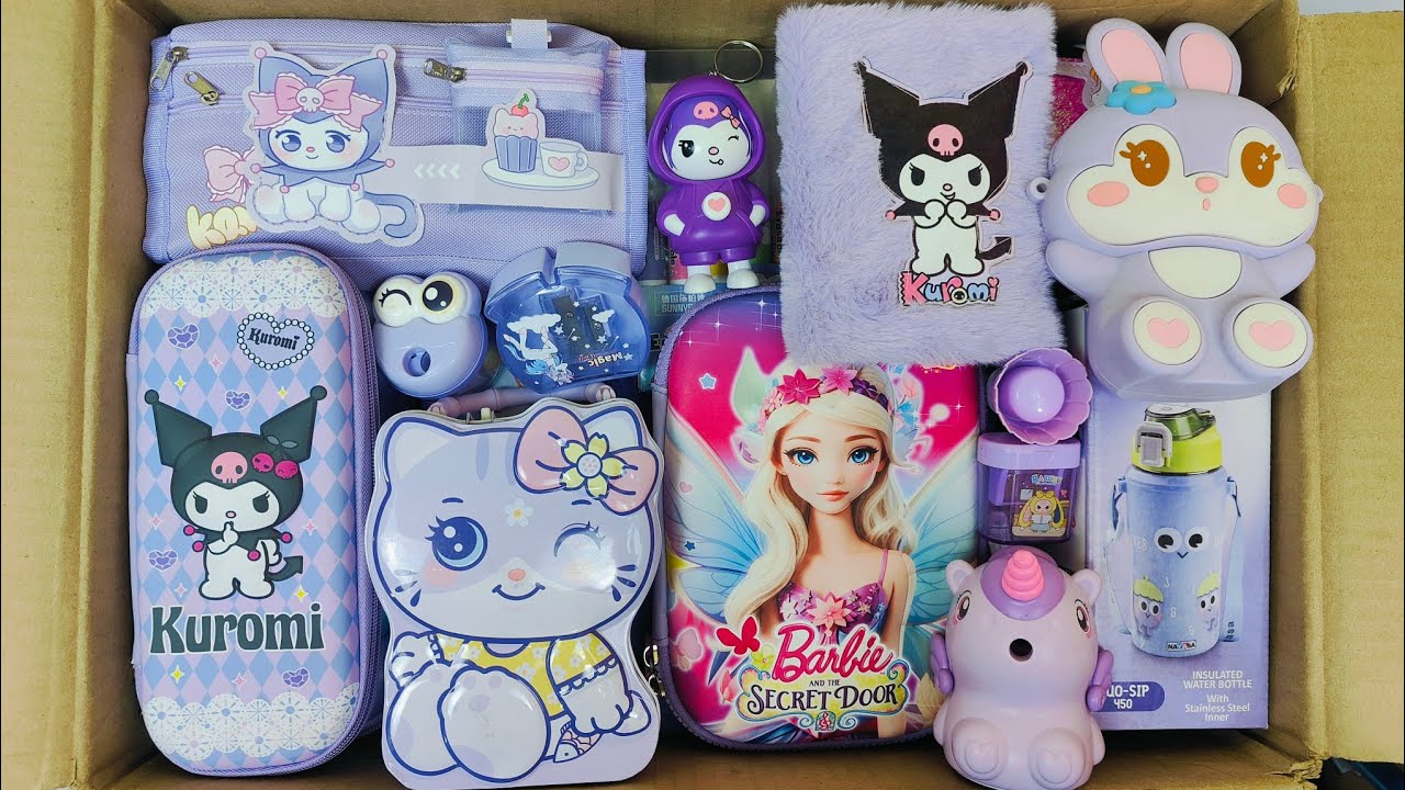 Unboxing Satisfying Purple Stationery 📚 Geometry Box, Pouch, Sharpener, PiggyBank, Dairy, Eraser,