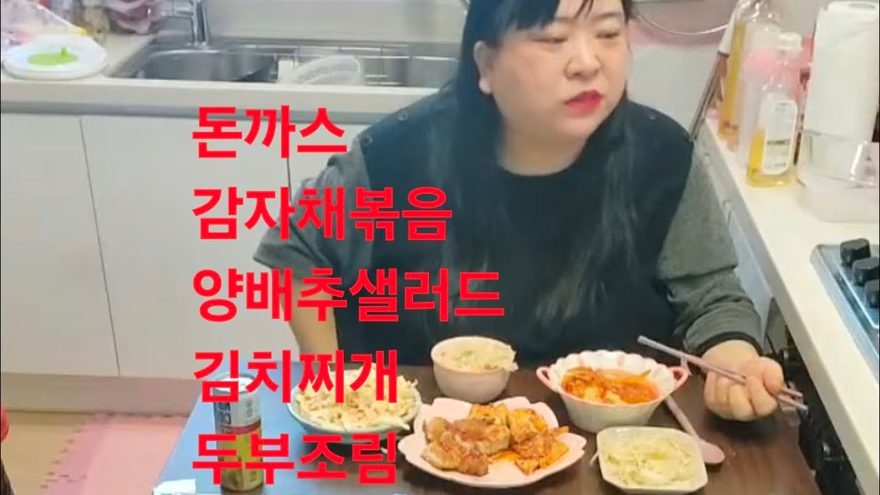 복부인 돈까스 감자채볶음 양배추샐러드 김치찌개 두부조림 먹방 mukbang 