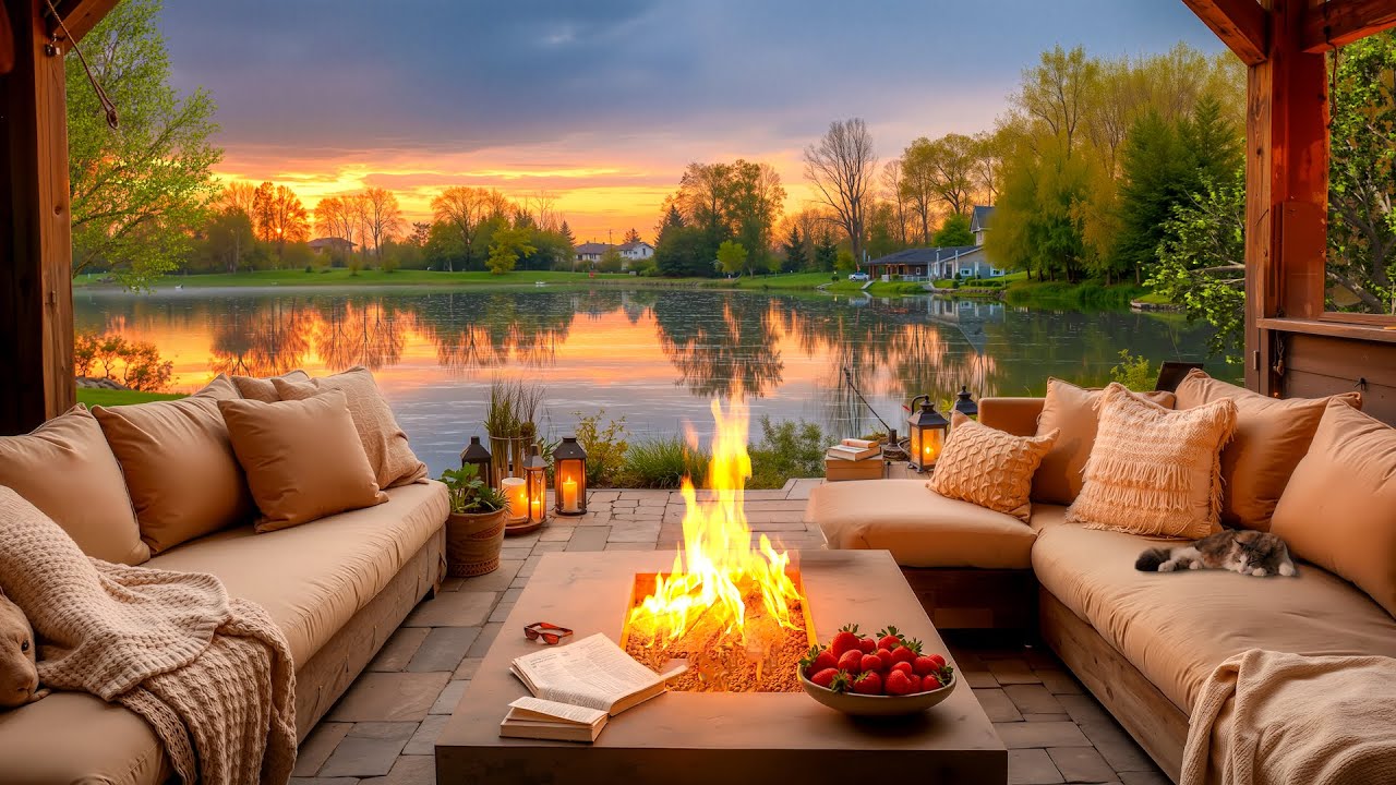 Cozy Morning on a Lakeside Terrace | Crackling Fireplace & Nature Sounds for Sleep and Study
