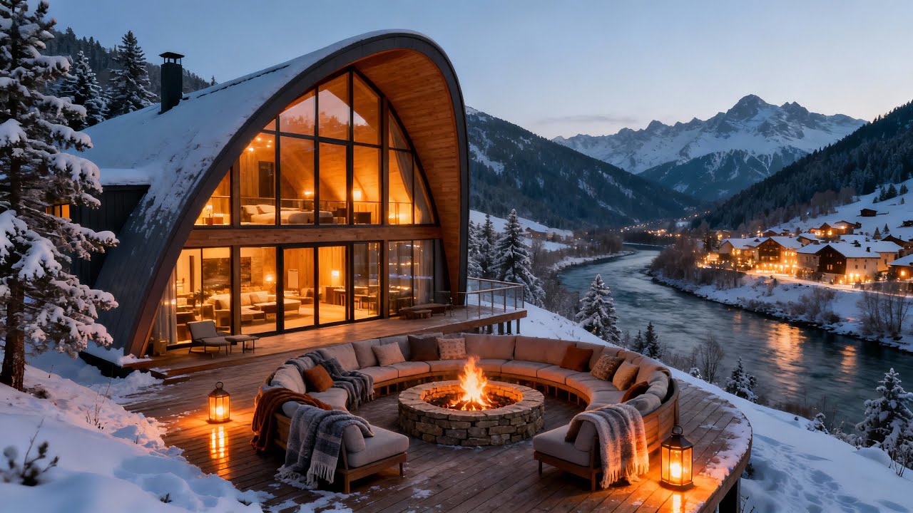 Deep Relaxing Winter Piano at a Cozy Terrace Fireplace Cafe Snowy Outdoor Ambience for Night Focus