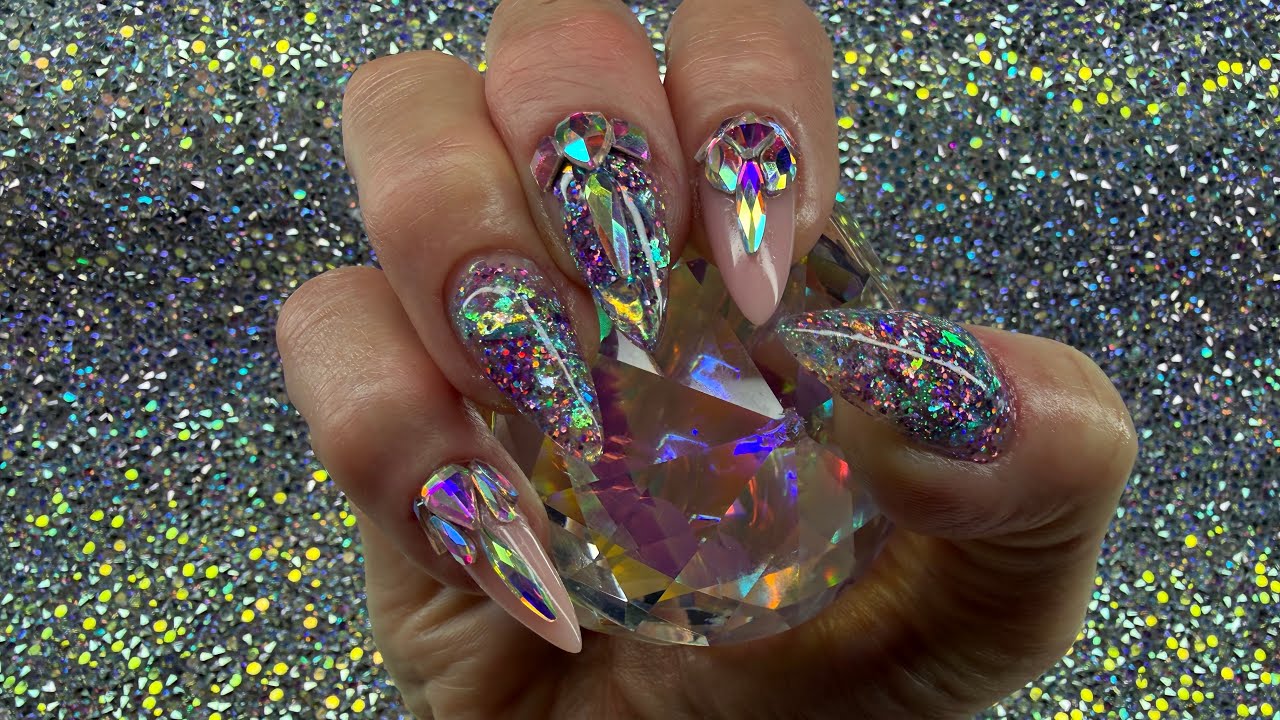 #youngnails My First set of synergy Hard Gel/ encapsulated glitter with Rhinestone placement. 