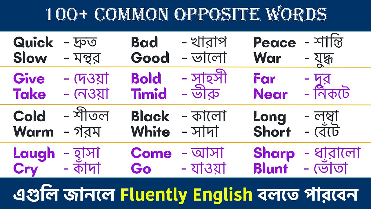 বাছাই করা ১০০টি বিপরীত শব্দ || 100 Daily use Opposite words for Beginners || Common Opposite Words