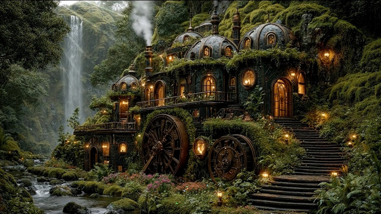 Whimsical SteamPunk Fairy Cottage 🏡 Soothes Magical Flute Music & Stream Nature Sounds