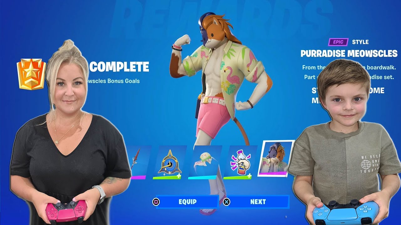 Unlocking NEW FREE Fortnite Skin. 9 Year Old Kid & His Mum Showcase Gameplay NEW CLAWESOME MEOWSCLES