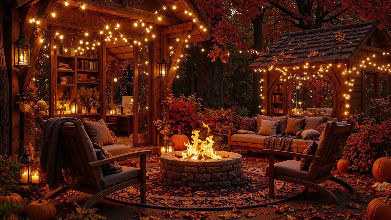 Peaceful Autumn Porch in Forest 🍂 Fireplace Ambience with Smooth Jazz for Cozy Study Moments