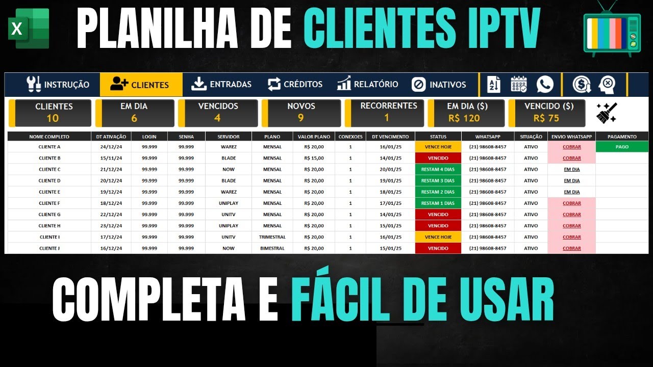 PLANILHA IPTV | CONTROLE DE ASSINATURAS (COMPLETA E MUITO FÁCIL DE USAR!) | 2025