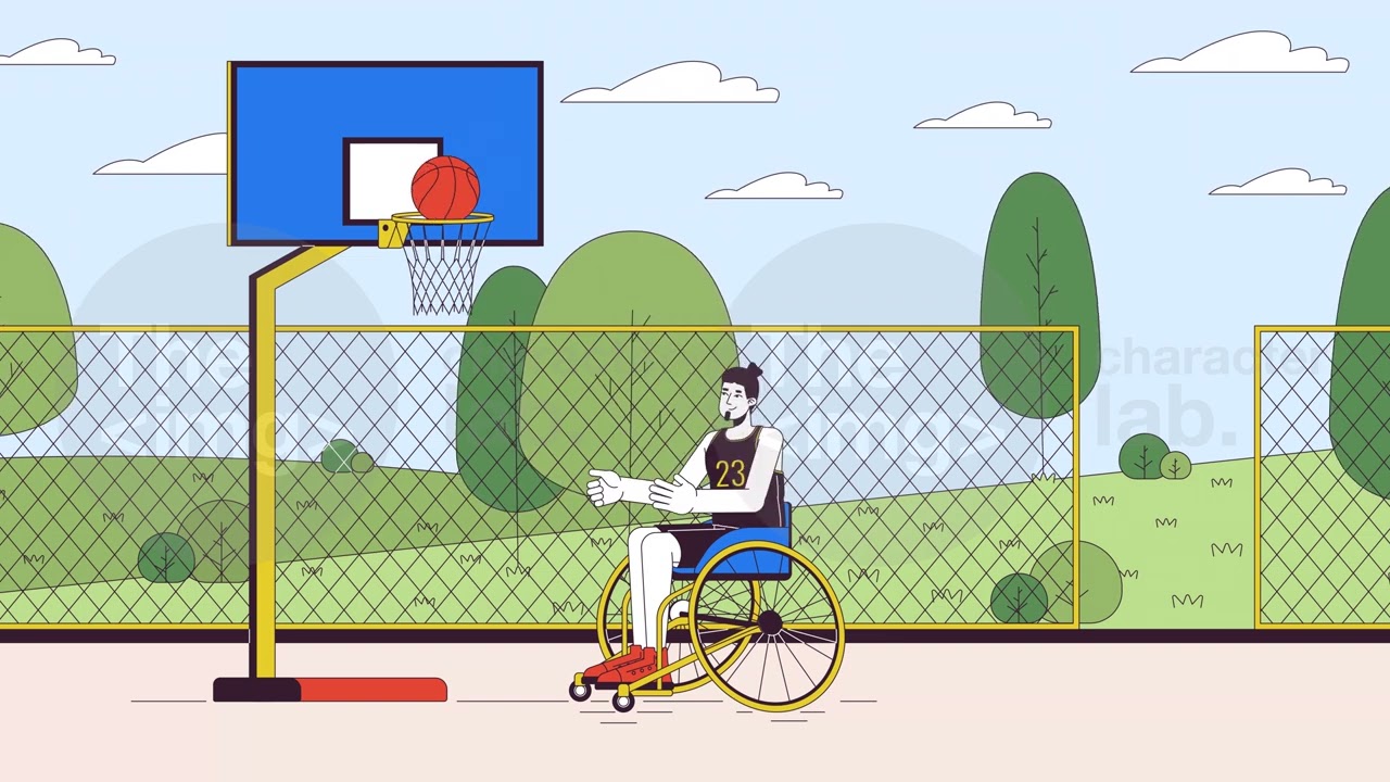 Disabled caucasian man playing basketball line cartoon animation