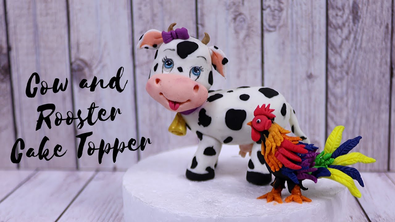 Cute Cow and a little Rooster Cake Topper