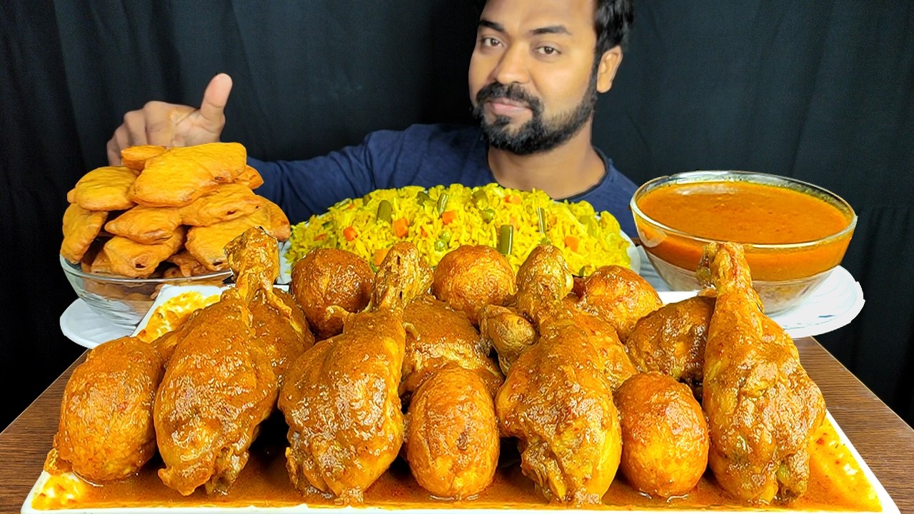 HUGE SPICY CHICKEN LEG PIECE CURRY, VEG BIRYANI, PAKORA, CHILI MUKBANG ASMR EATING | BIG BITES |