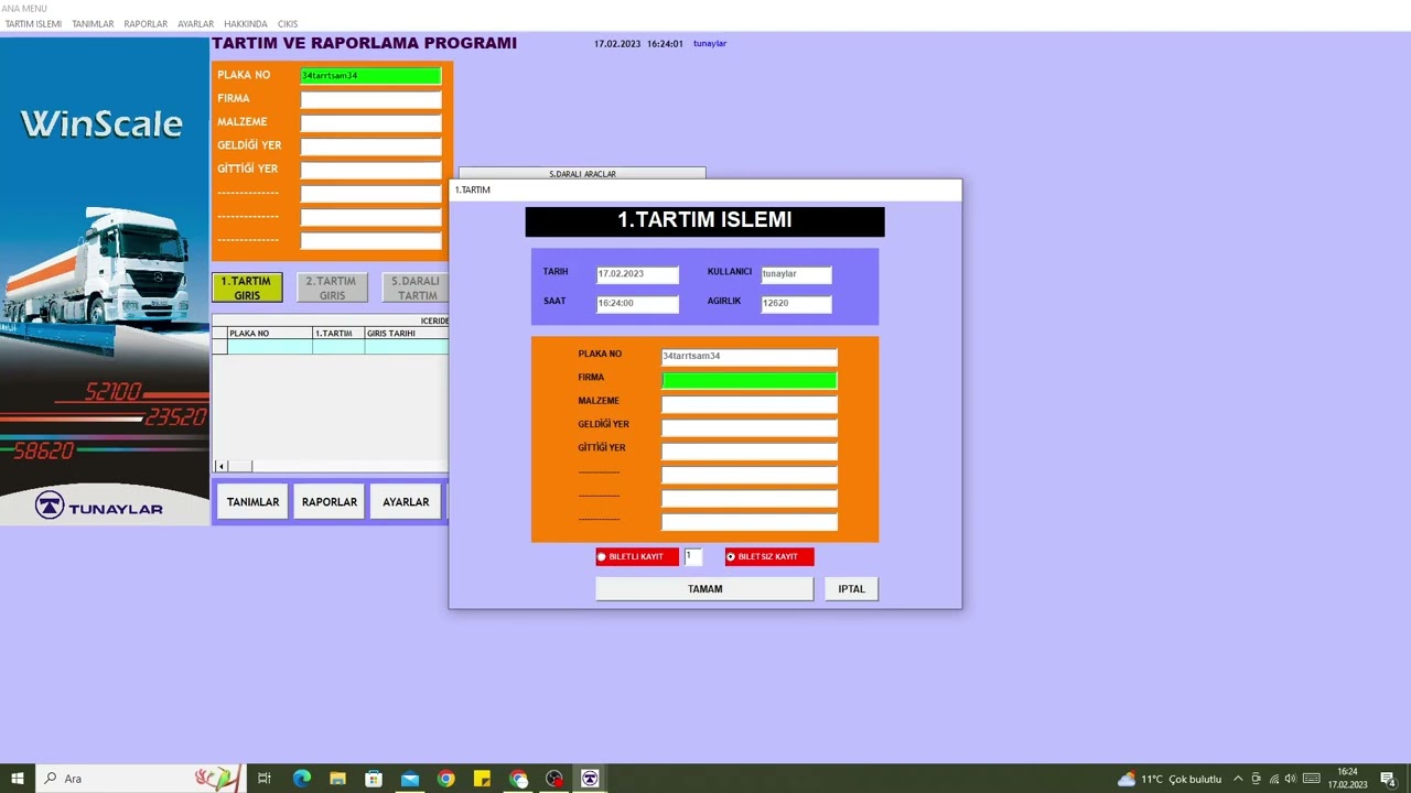 Winscale Tunaylar Tartım Ve Raporlama Programı (Sabit Daralı Araçlar)