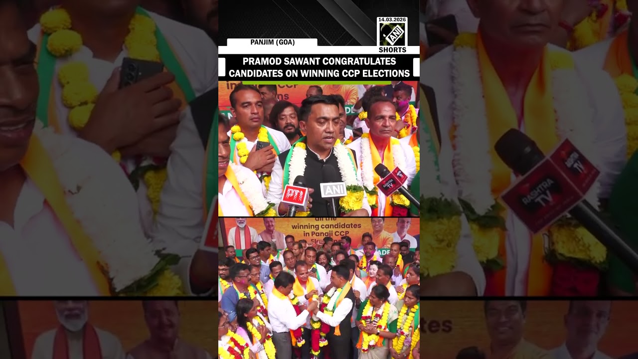 Premier Goa Pramod Sawant składa gratulacje kandydatom BJP za zwycięstwo w wyborach Komunistyczne...