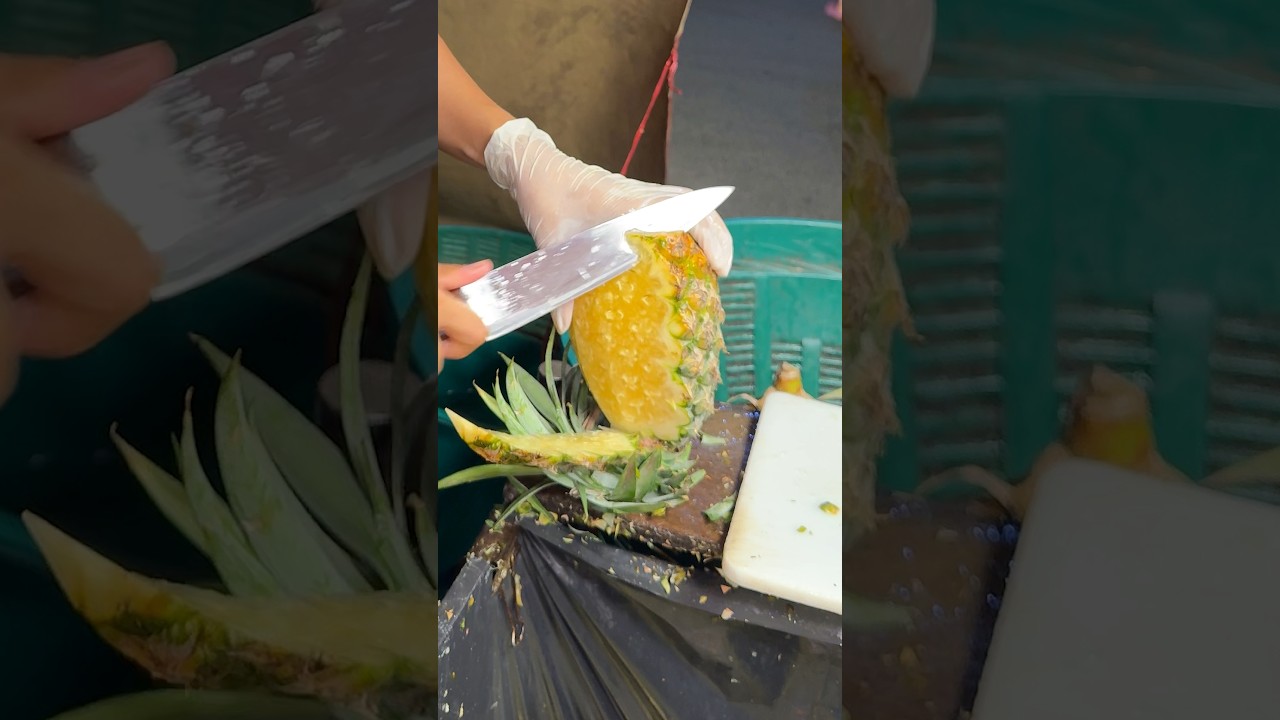 Thai Girl Selling Fresh Pineapple - Fruit Cutting Skills