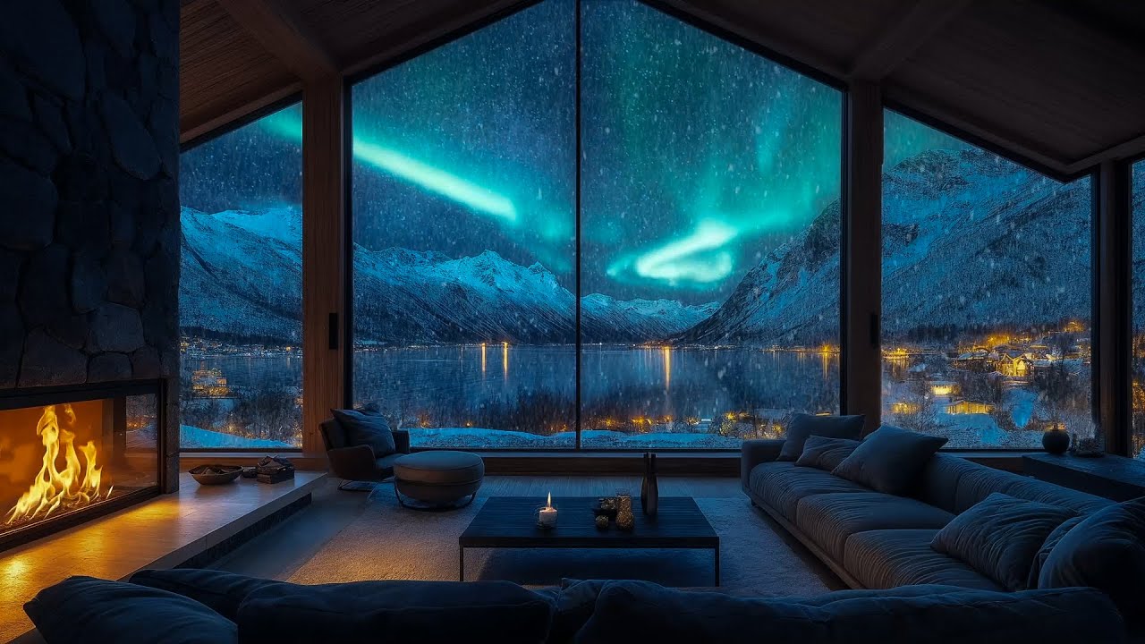 Modern Mountain Retreat - Howling Wind, Burning Fireplace & Tranquil Aurora 🔥❄️ To Focus, Study