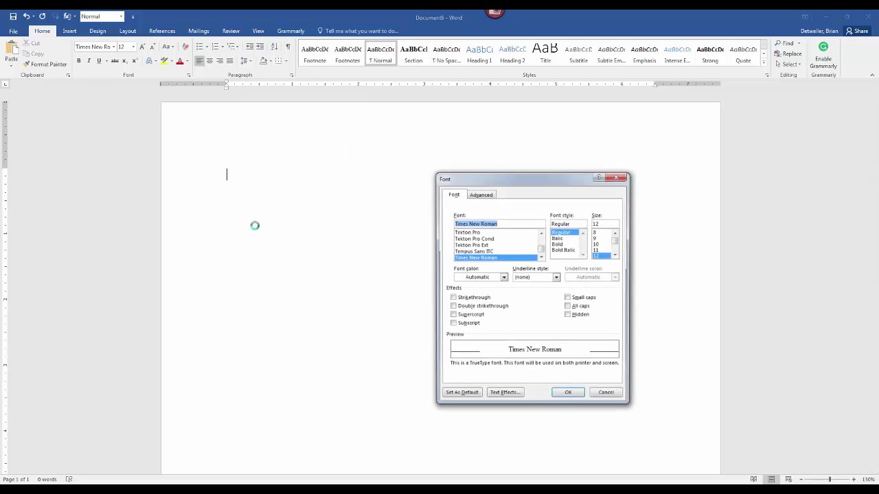 Setting Font Type and Size in Word 2016 for PC