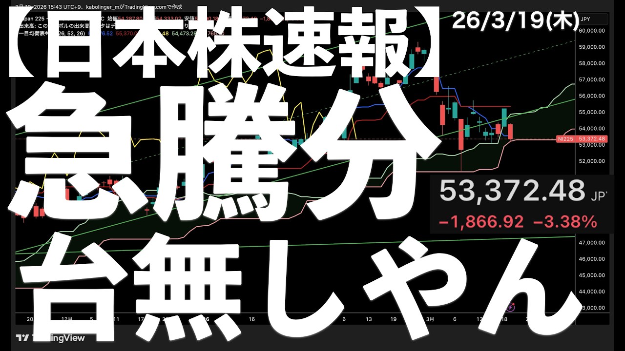 【日本株速報】26/3/19 昨日の急騰した分が台無しに・・・　#日本株  #半導体　#topix