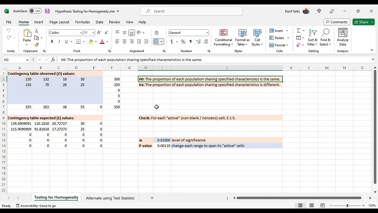 Microsoft Excel Hypothesis Testing for Homogeneity