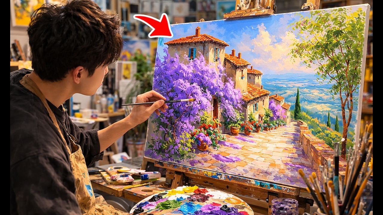 🎨 Painting a Hilltop Village with Purple Flowers | Relaxing Acrylic Tutorial | #071