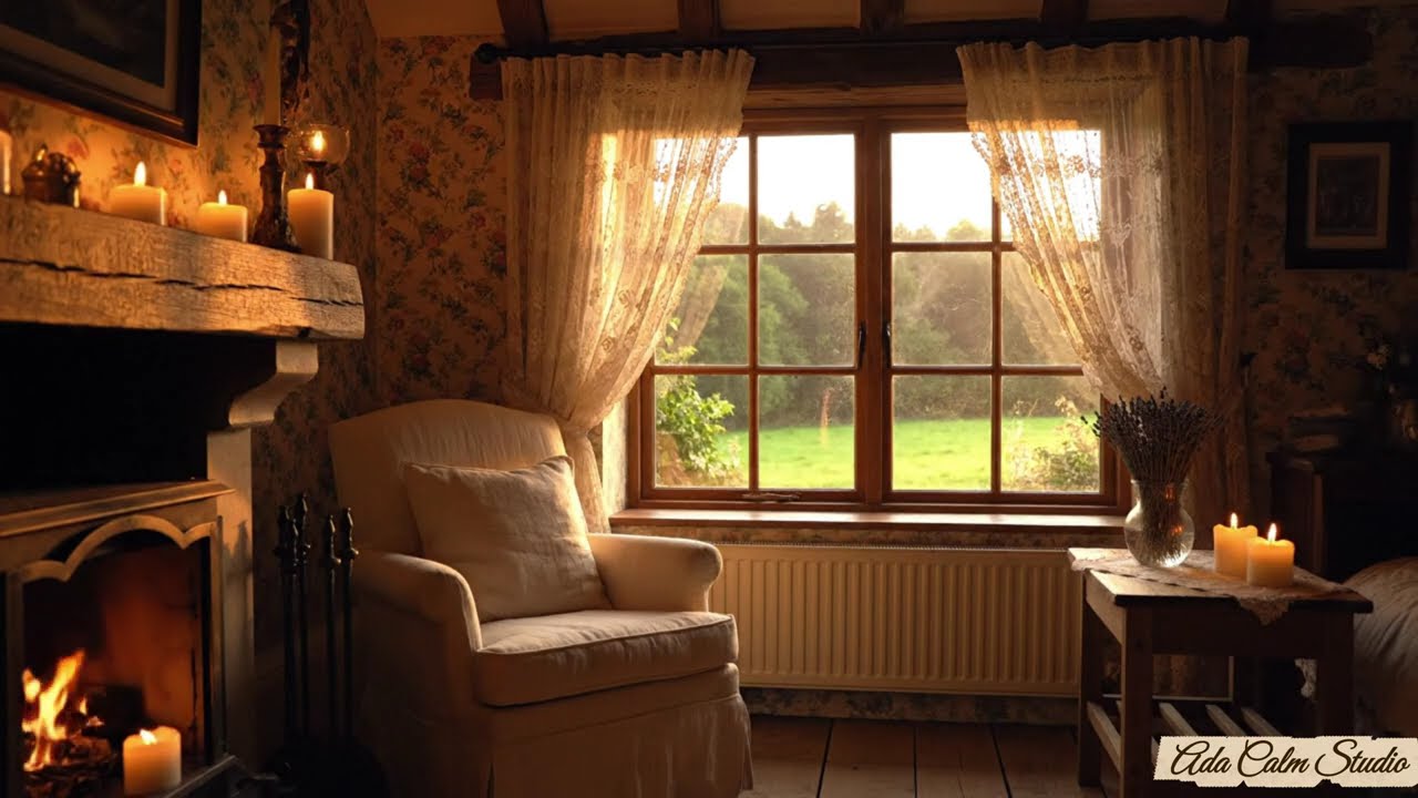 Golden Morning in an English Cottage ☀️ Soft Piano & Fireplace Ambience (4K)
