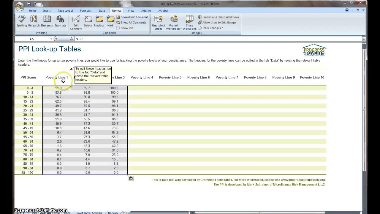 Tab 1: Setting up the Look-up Tables