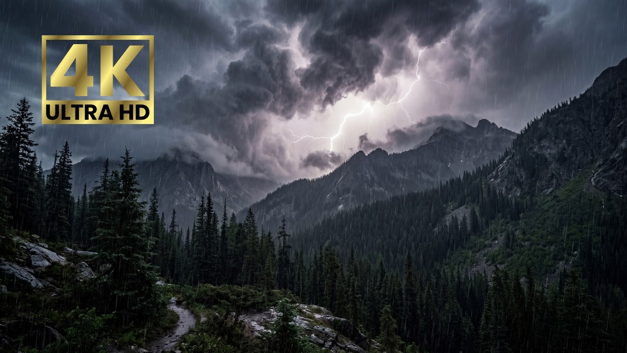 Storm in the mountains and forest 🌩 relaxing rain and thunder sounds | 1 hour 4K