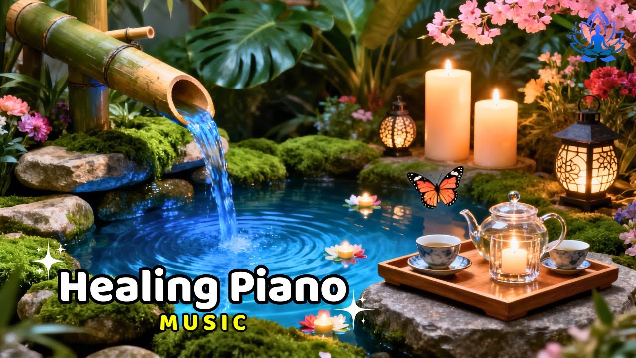 Soft Piano Music & Bamboo Water Flow Sounds 🌿 Calm and Soothing Music