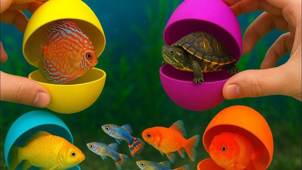 Catch Colorful Tropical Fish in Giant Colorful Eggs, Discus, Baby Turtle, Carp, Ranchu Fish, Guppies