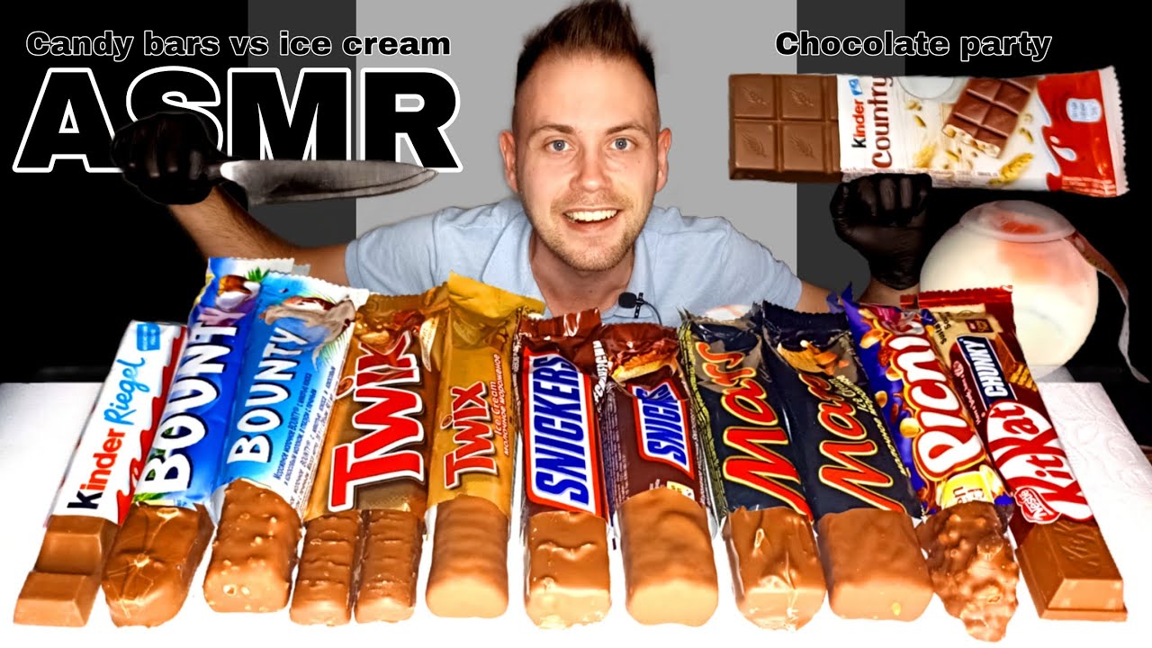 ASMR CHOCOLATE CANDY BARS vs ICE CREAM KINDER BOUNTY TWIX SNICKERS MARS PICNIC KITKAT EATING SOUNDS