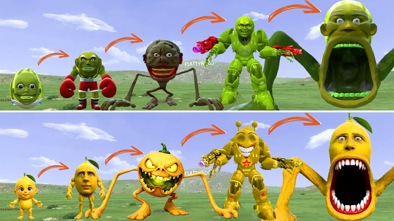 HELLO: ALL THE NEW EVOLUTIONS OF THE LINGANG MELON MONSTER VS THE MONMON LEMON MONSTER IN GMOD!