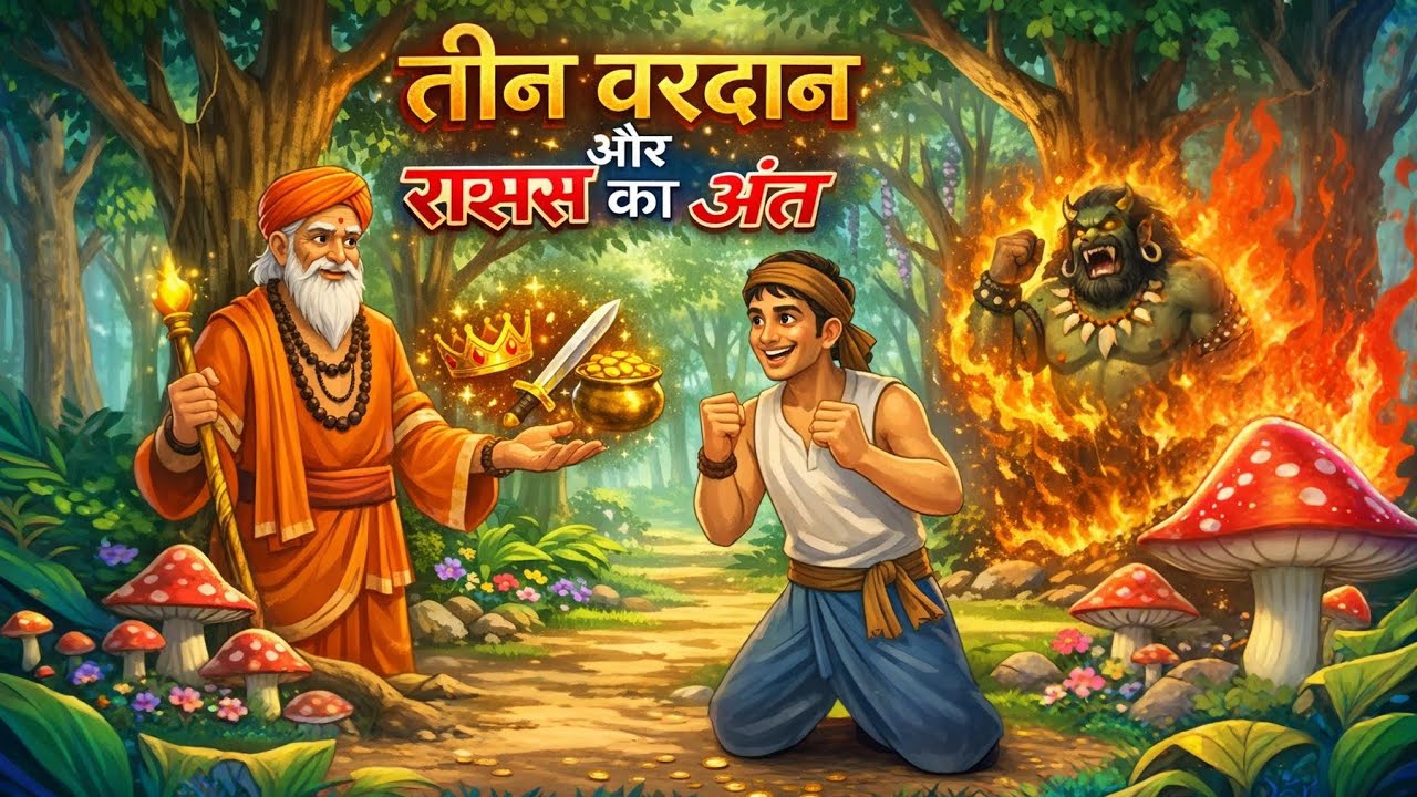 तीन वरदान और राक्षस का अंत | जादुई कुल्हाड़ी की कहानी | 2D cartoon Hindi kahaniya#Hindi moral kahani