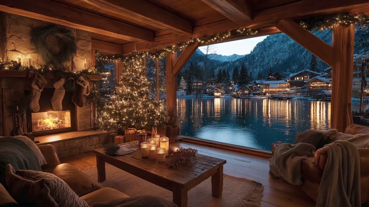 🎄 Christmas Cabin by the Lake | Fireplace & Snowfall with Cozy Village Lights (10 Hours
