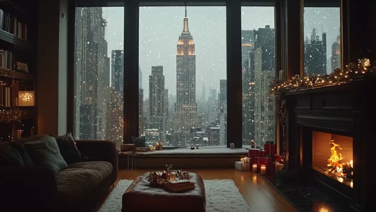 Cozy Snowy Night in a New York City Loft 🌧️ Rain Sounds Ambience & Warm Crackling Fireplace