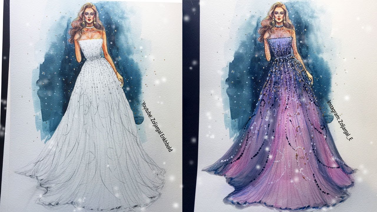 Fashion Sketch - Gown Speed Painting - Watercolor and Pencils ( beginners level )