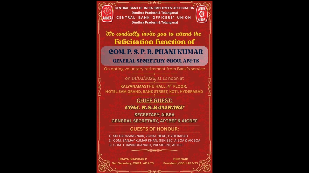 COM. P. S. P. R. PHANI KUMARGENERAL SECRETARY, CBOU,  voluntary retirement from Bank's service