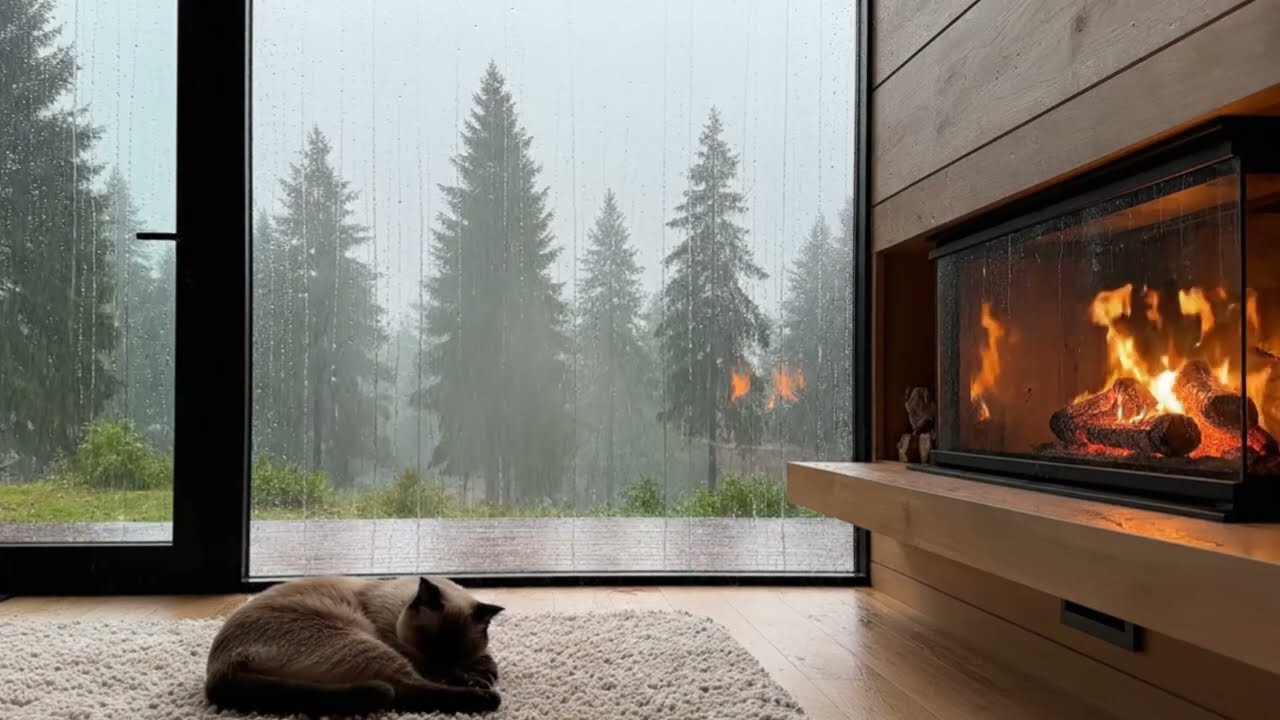 🌧️Fall Asleep Quickly & Relax Your Mind | Rain Outside Cozy Cabin with Fireplace & Sleeping Cat.