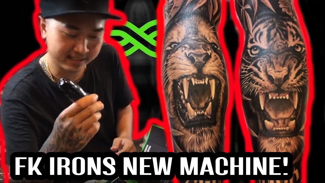 New machine FK-Irons EXO - Tiger and Lion tattoo on Leg