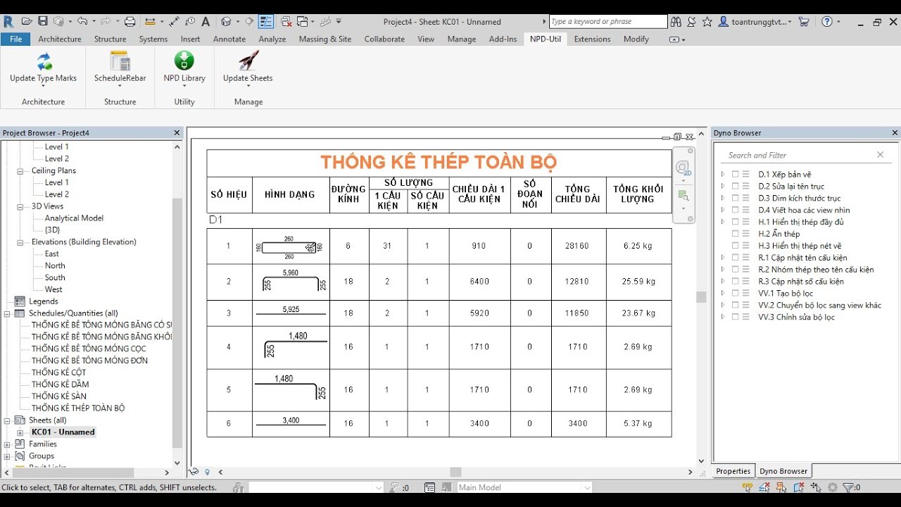 Thống kê thép trong Revit sử dụng Plugin NPD