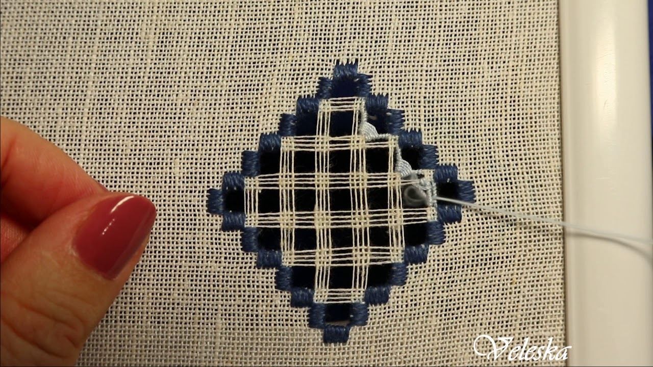 Double strip of partial Greek crosses. Adjoining wraps Hardanger filling stitch