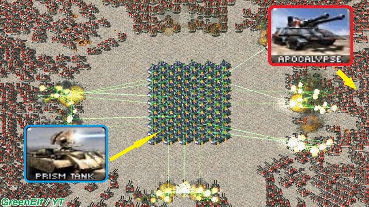 100 Elite Prism Tanks surrounded by 1000 Apocalypse (walls included) - Red Alert 2
