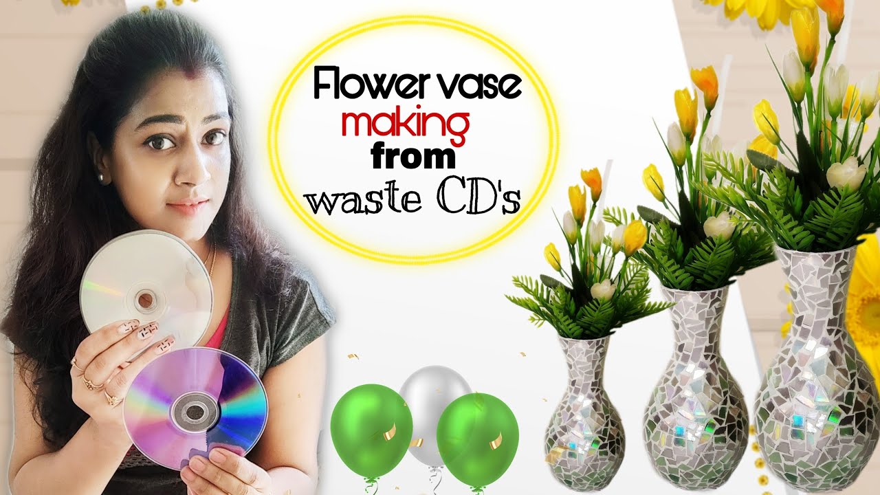 Flower Vase Making From Waste CD's/Flower vase decoration ideas diy/cd craft ideas/best out of waste