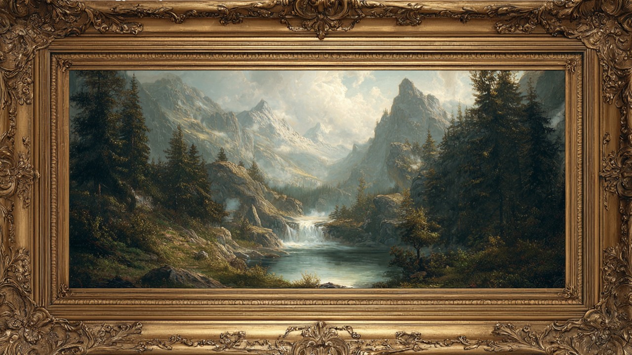 Majestic Mountain Landscape | Classical Framed Oil Painting for TV Art Display | 4K Scenic Wall Art