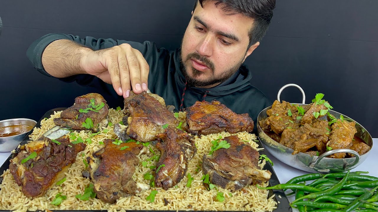 ASMR; EATING SPICY MUTTON BIRYANI+SPICY CHICKEN CURRY+GREEN CHILLIES+EXTRA GRAVY || MUKBANG