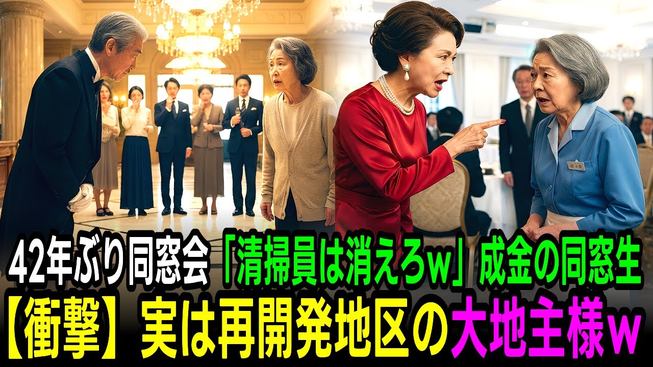 【因果応報】42年ぶりの同窓会で「清掃員は消えろw」と嘲笑した成金の同窓生→【衝撃】実は私が再開発地区の大地主だと知った瞬間、顔面蒼白で土下座w