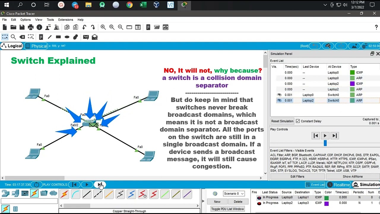 Switch, in the eyes of Collision and broadcast domain with Packet Tracer