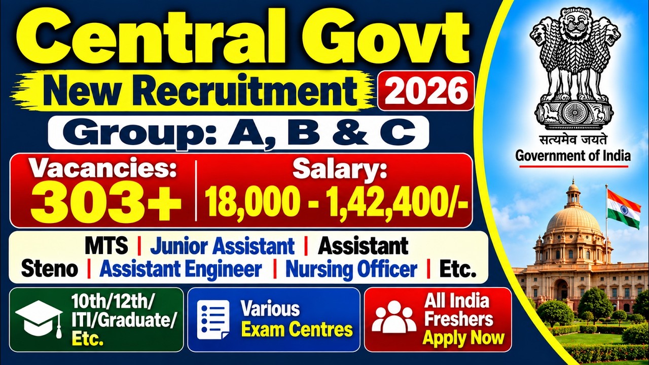 Central Govt New Recruitment 2026 🔥303+ Vacancies 🎯Group A, B & C 😍10th/12th/Graduate Apply