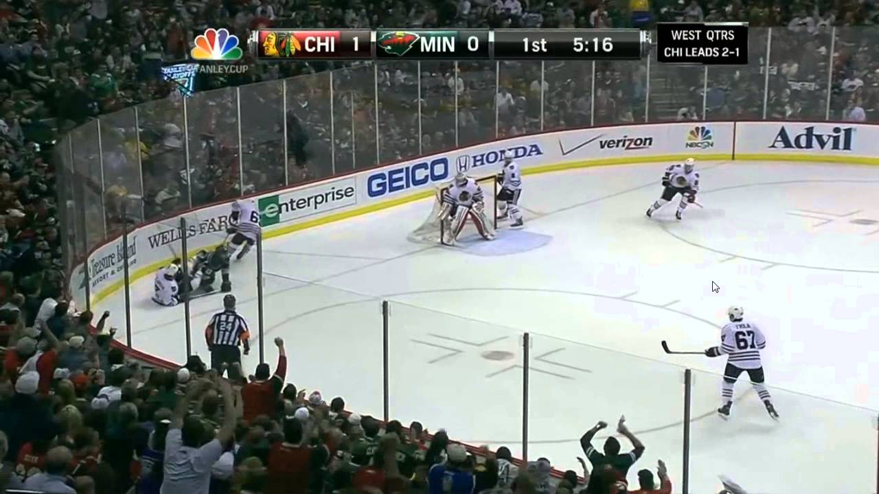 Cal Clutterbuck Hammers Brent Seabrook ( 5/7/13 Game 4 of CHI vs MIN )