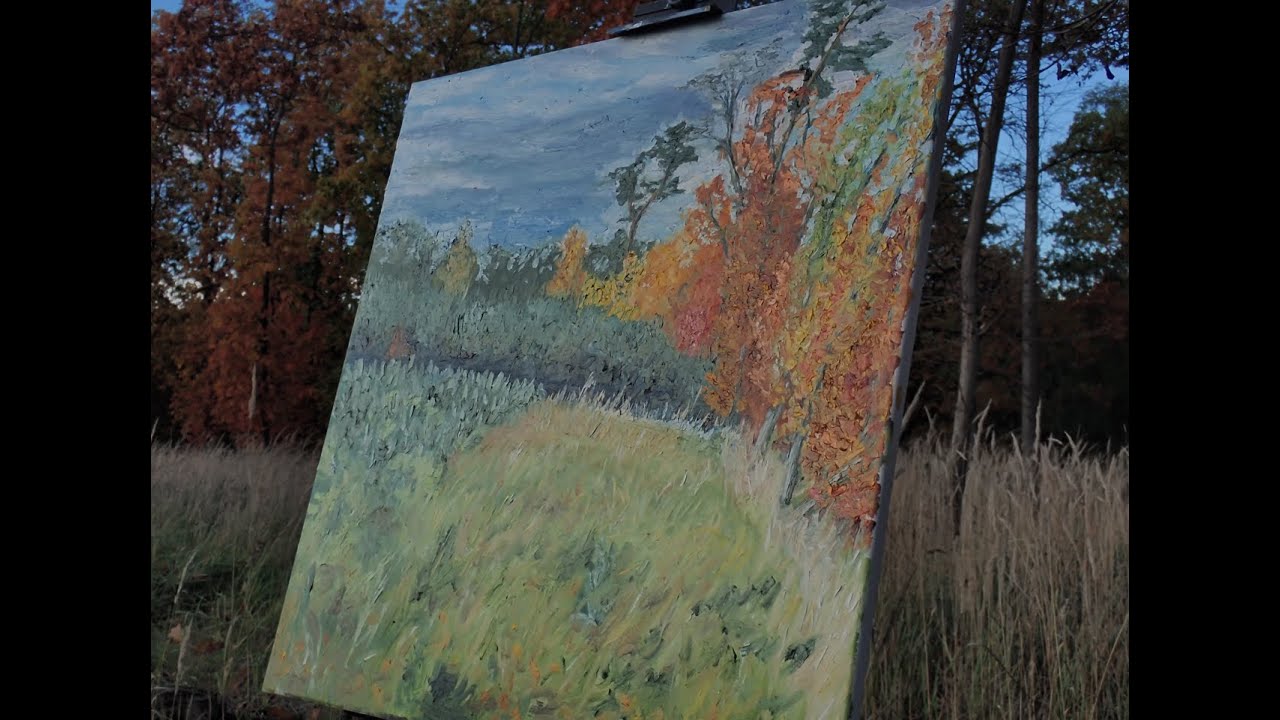 malarstwo plenerowe - jesień 80x80, las w okolicach Suchego Boru, plein air painting - autumn forest